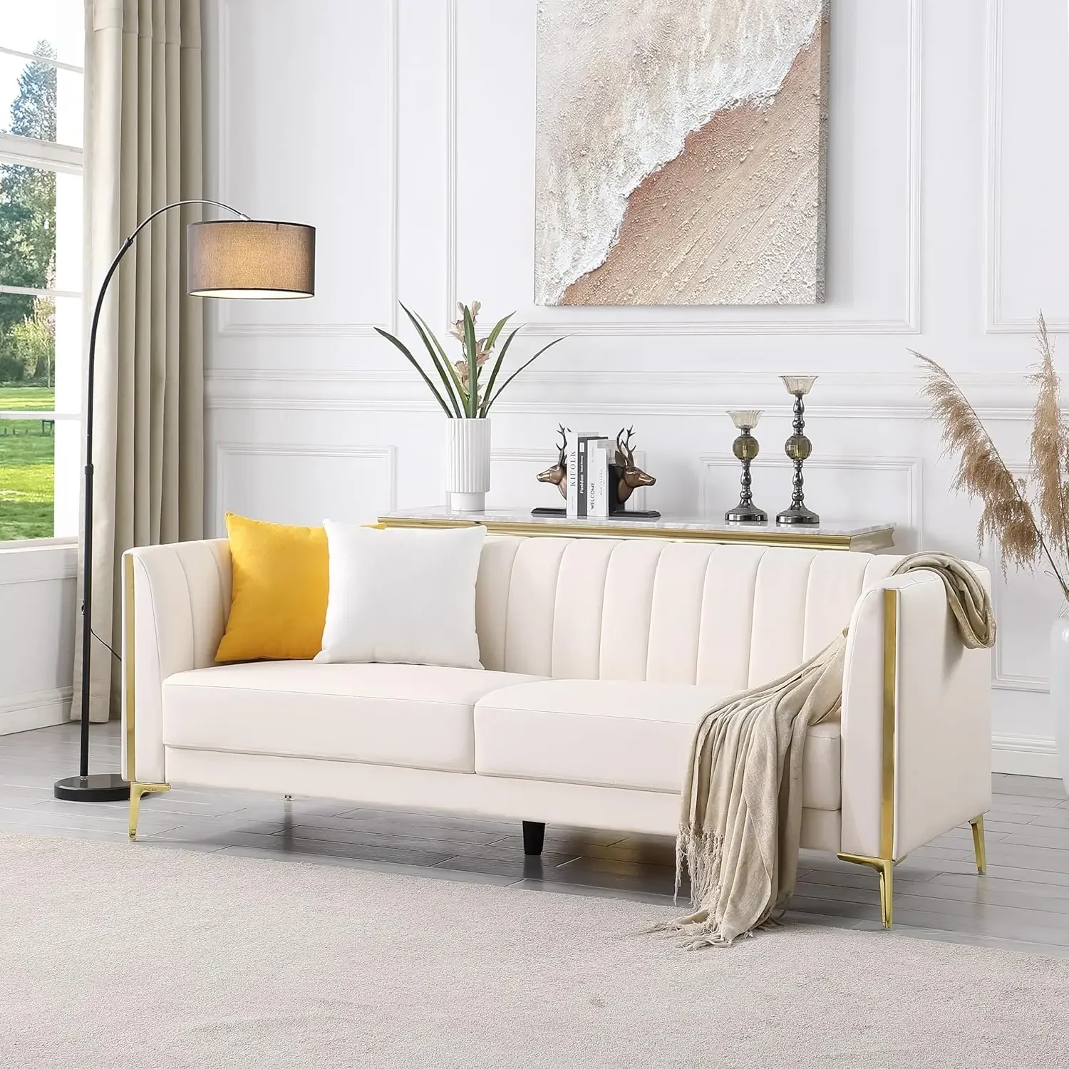 Description Picture 2 of item78'' Sofa, Black Sofas Couches for Living Room, Comfy Sofa Faux Leather Sofa 3 Seater Sofa with 2 Throw Pillows and Gold Metal
