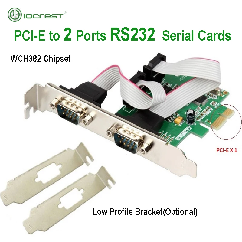 IOCREST PCI Express 2 Ports Serial RS232 Com db9 Controller Card PCIe 1.0 x 1 WCH382 Chip with