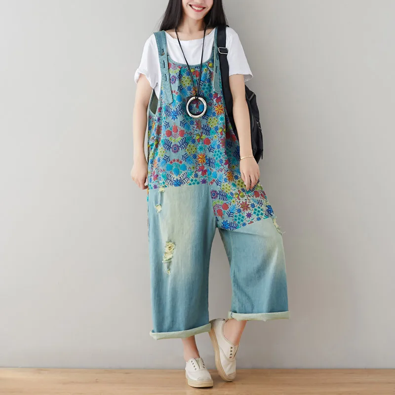 

High Waist Denim Jumpsuits Women Ripped Spring Printed Wide Leg Jeans Baggy Oversize Scratched Overalls Korean Fashion Trousers