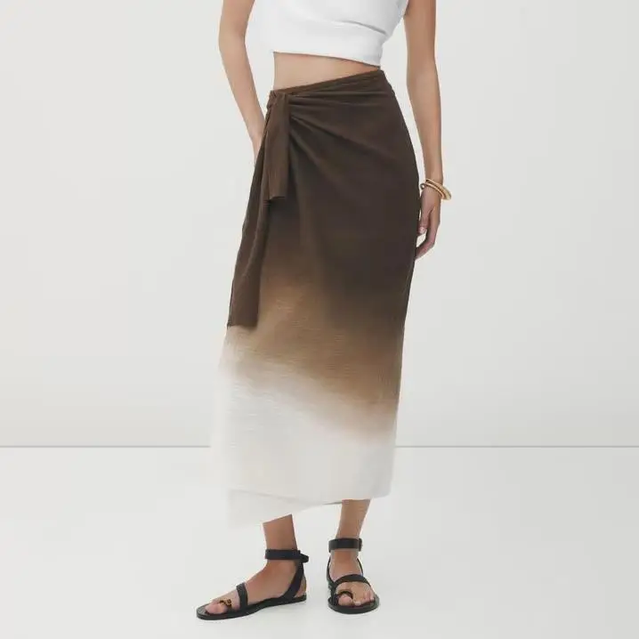 

Pokiha New Fashion Women Gradient With Knotted Gathered Front Slit Design Midi Skirt Vintage High Waist Female Chic Skirts Mujer