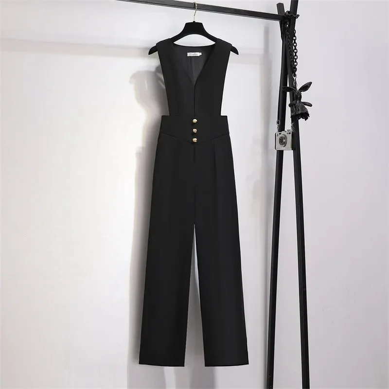 

Strap Pants Women's 2023 Spring And Autumn New Slim High Waist Wide Leg Pants Ladies Black Jumpsuit K
