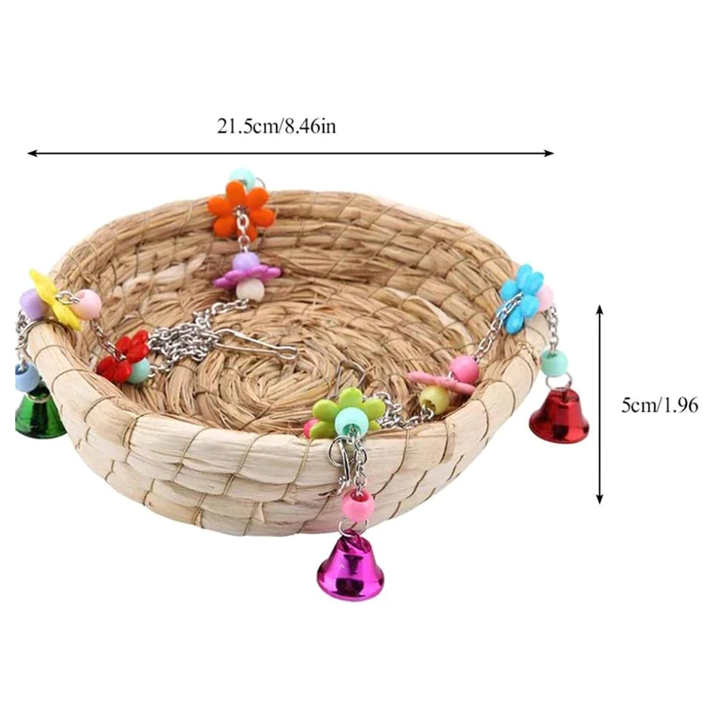 Bird Parrot Toy Parrot Nest Natural Handmade Woven Grass Bed Swing With 4 Metal Bells Bird Toy Swing