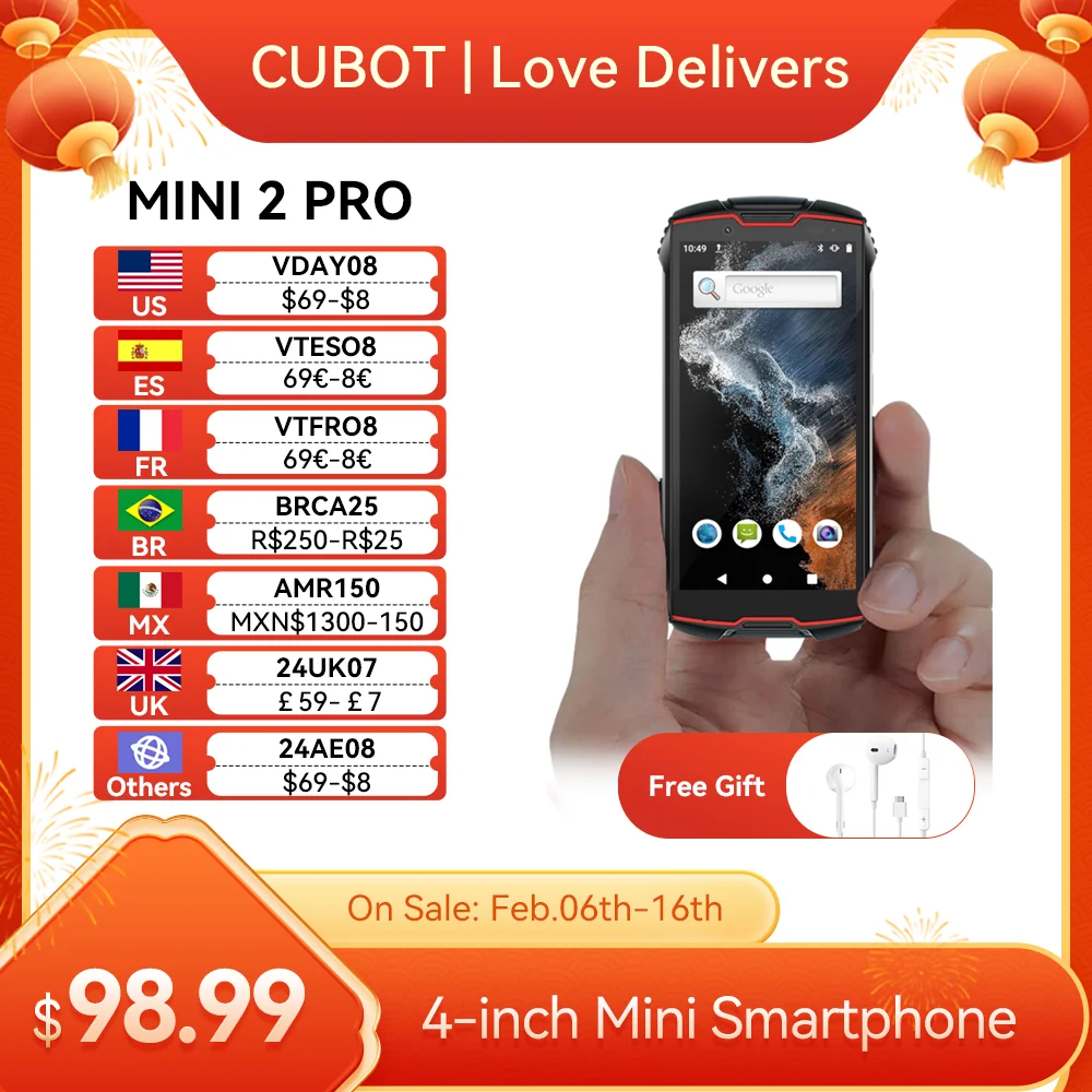 Cubot Kingkong Mini 2 Pro, Mini Telefono Da 4 Pollici, Android Smartphone Impermeabile, 4Gb+64Gb(128Gb Espandibile), Cellulare Dual Sim 4G, 3000Mah, T