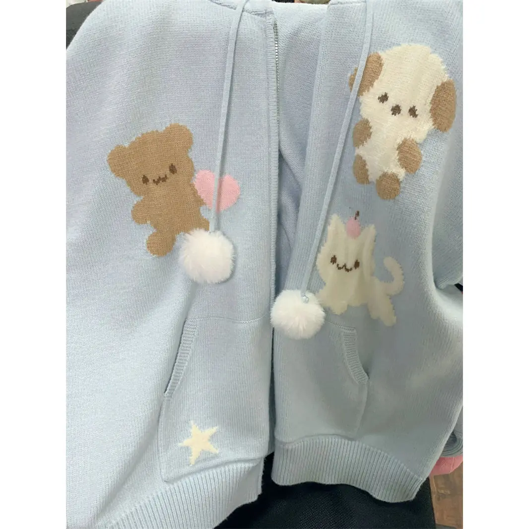 Anime Jacquard Hooded Sweater Versatile Knitted Sweater Kawaii Cardigan Women Korean Fashion Long Sleeve Tops Y2k Clothes 5