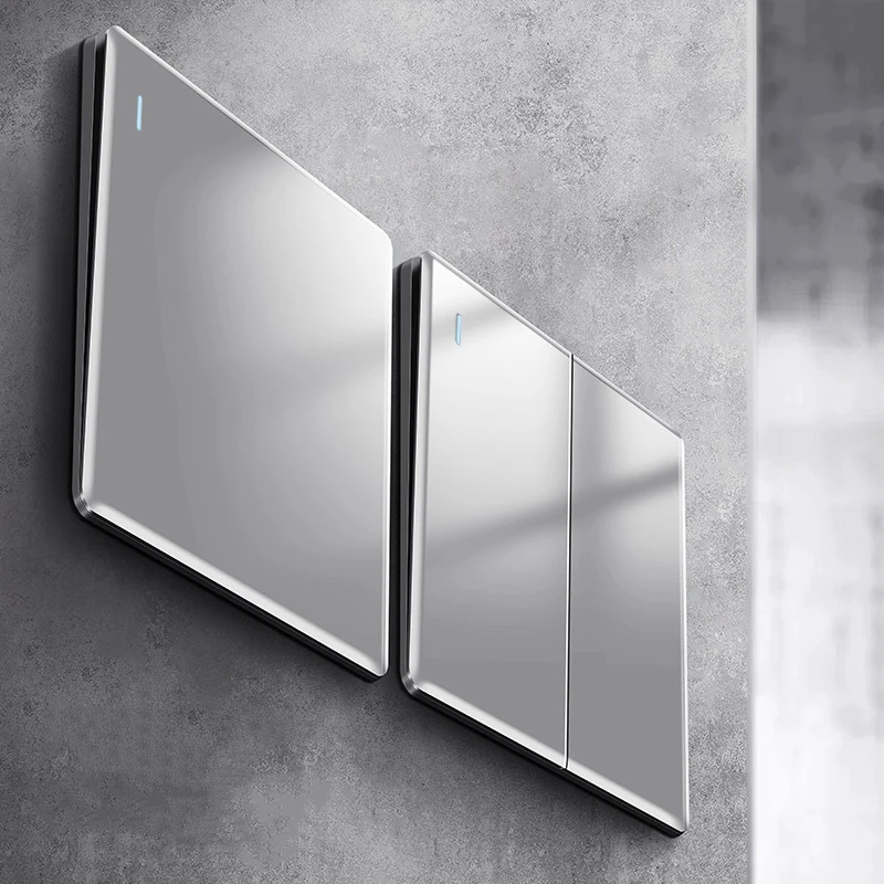 Nova Superfície Curvada Ultrafinos Popular 250v 10a 4gang 86*86 mm Clássico Azul Espelho Temperado Painel de Vidro Interruptor de Parede Série