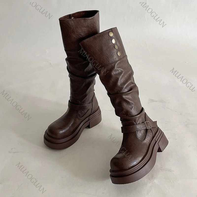 Women's Knee-high Platform Boots Synthetic Leather Motorcycle Style_voghion.com