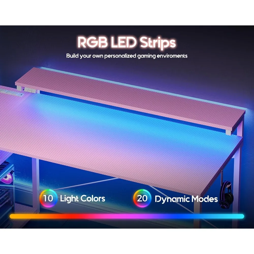 illuminated gaming desk with integrated power outlet, compact 40-inch desk with storage shelves, versatile adjustable gaming des