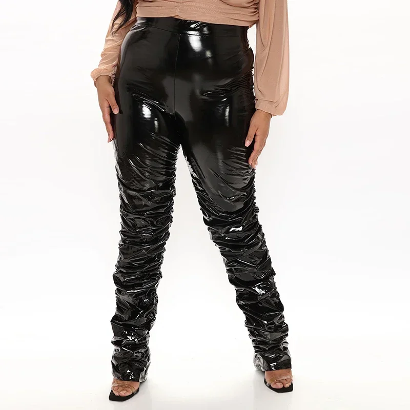 

Женские плиссированные брюки с завышенной талией, сексуальные брюки из искусственной кожи, женские блестящие облегающие леггинсы из лакированной кожи на заказ