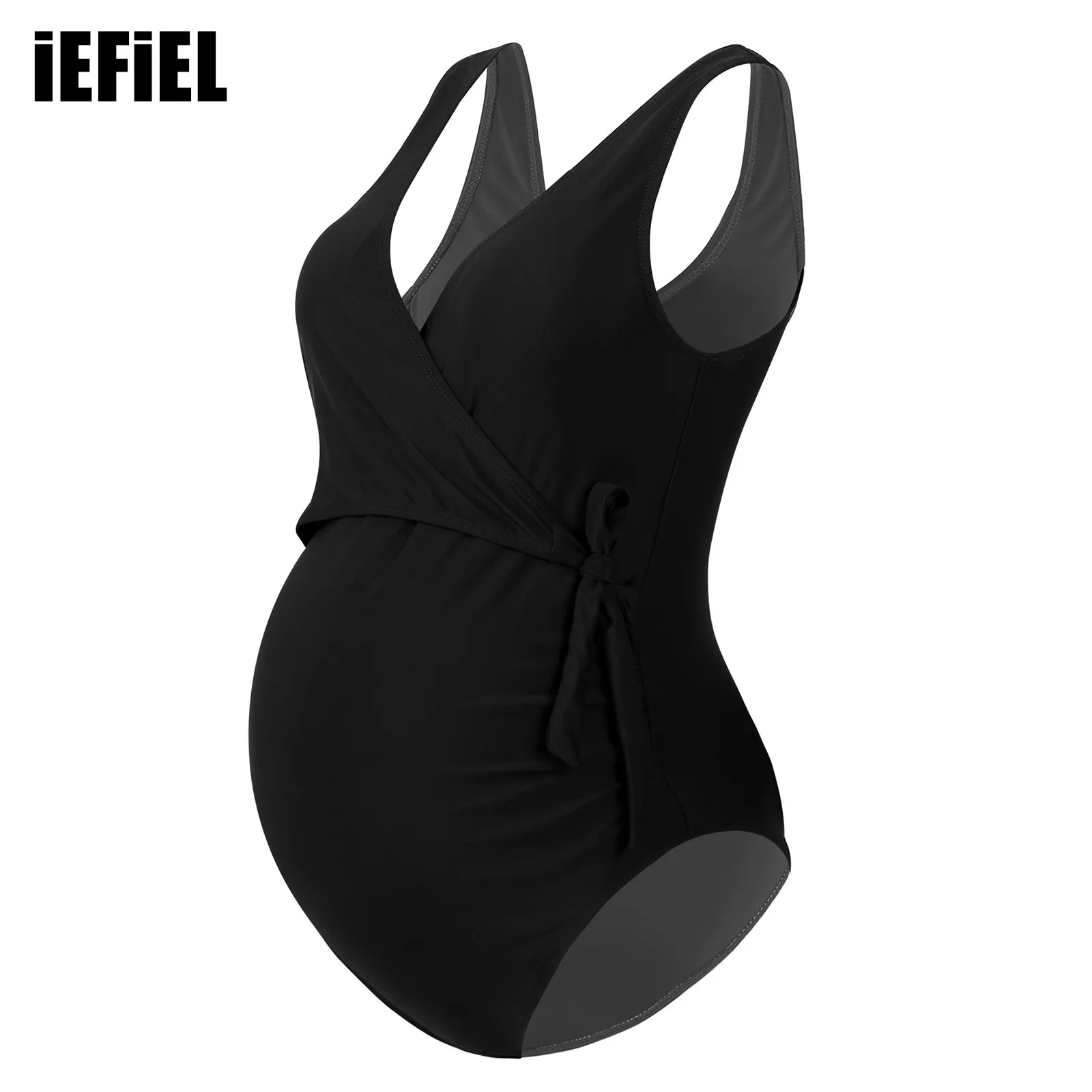 

Maternity Swimwear Pregnant Women One Piece Tie Front High Cut Bathing Suit V Neck Maternity Swimsuit