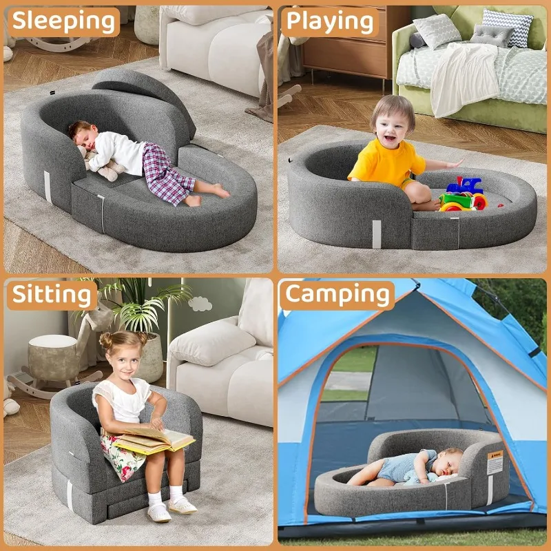 Toddler Travel Bed 2-in-1 Kids Sofa Chair with Removable Cover, Soft Foam Portable Foldable for Carrying Bag 3