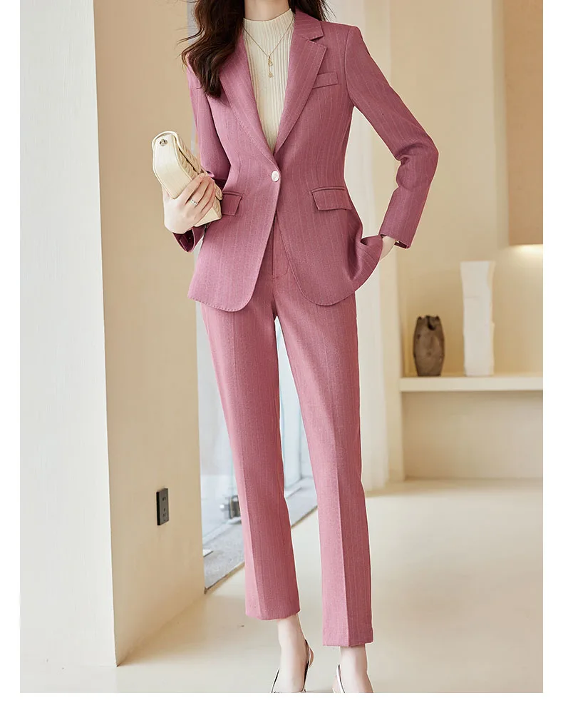 Tesco Office Suit 2 Piece For Women Blazer And Pants Striped Business Jacket For Office Lady Formal Pant Sets Interview Suits