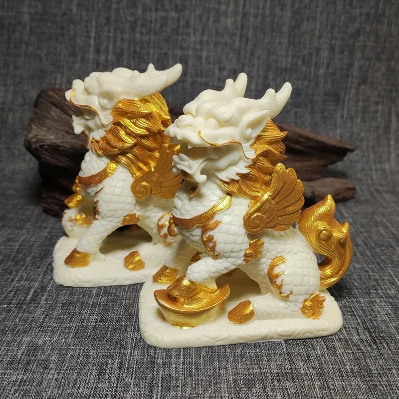 

Tracing Gold Mascot Kirin Fortune Small Statue Resin Art Sculpture Home room, office decoration ornaments A pair