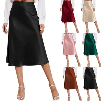 Elegant Stain Skirt Womens High Waist Midi Satin Silk Solid Color Office Work Skirts Business Ladies Glossy Formal Skirt