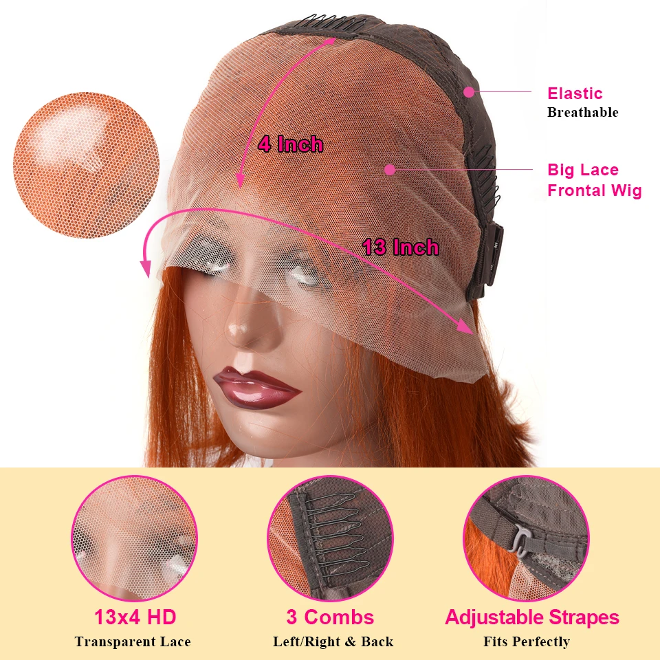 Lace Front Wig Human Hair Wig for Black Woman 10 Inch 350 Ginger Orange Color 13x4 Straight Transparent Lace Frontal