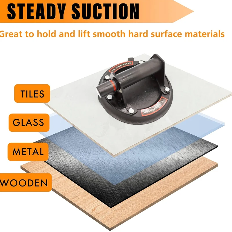 Can handle large glass, granite, tile, etc. Manual lifting suction cup, 8-inch rubber sole, plastic handle