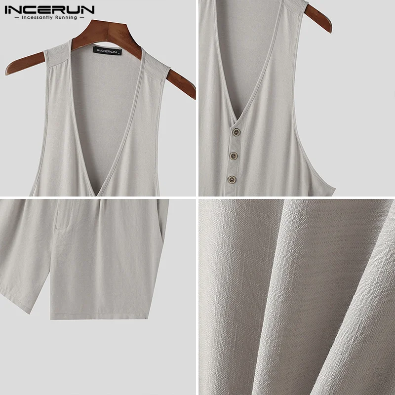 INCERUN Men Rompers Shorts Solid Color V Neck Sleeveless Button Casual Jumpsuits Men Streetwear Summer 2024 Fashion Playsuits 6