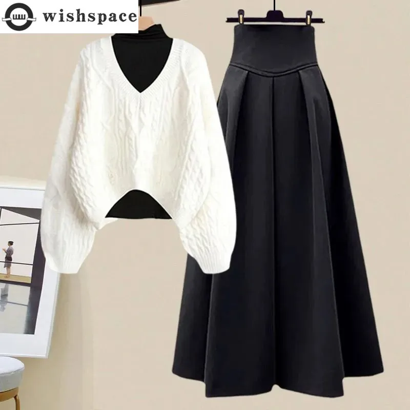 Spring and Autumn Set Women's 2023 New Korean Version Slim Underlay Sweater Sweater with Waist Wrapped Half Skirt Three Piece Se