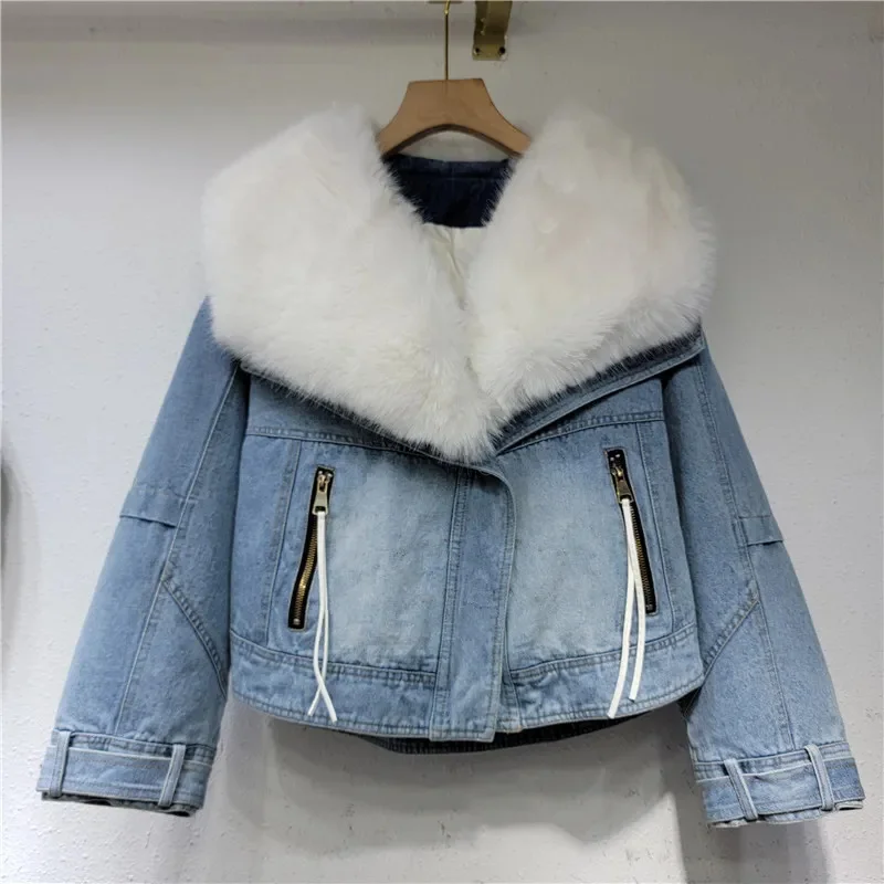 

Faux fox fur collar denim cotton coat for women winter 2023 short casual warm thick Padded jacket Y4431