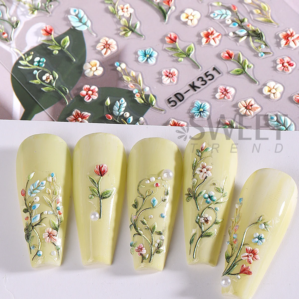 2pcs 5D Flowers Vine Nail Engraved Stickers Acrylic Floral Bouquet Leaves Design Embossed Decal DIY Charm Elegant Manicure Decor