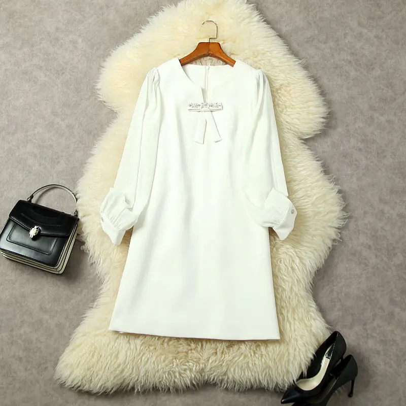 

Women's Mini Dresses Long Sleeves Autumn 2022 New White Simple Solid Colour Round Neck Bow With Diamonds Loose A-Line OL Dress