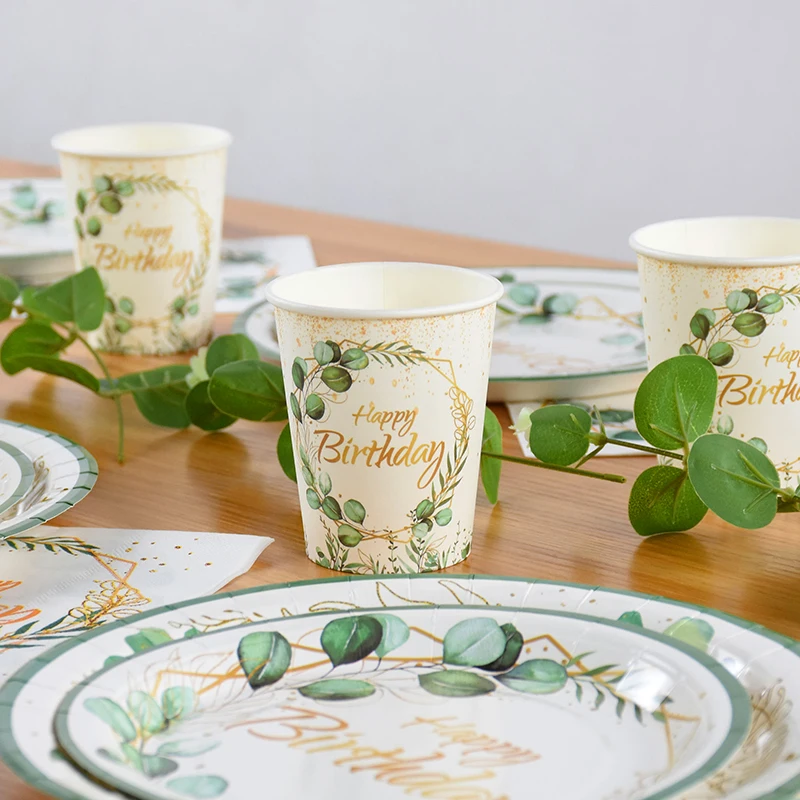 Eucalyptus Leaves Disposable Tableware Set Green Leaf Paper Plate Cup Napkin Hawaiian Summer Birthday Party Decoration Supplies