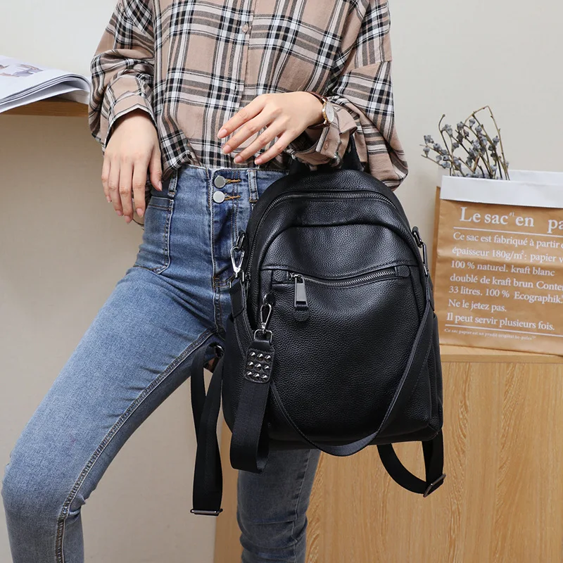 Fashion Leather Leisure Travel Backpack for Women, Large Capacity Trendy Black Backpack 5