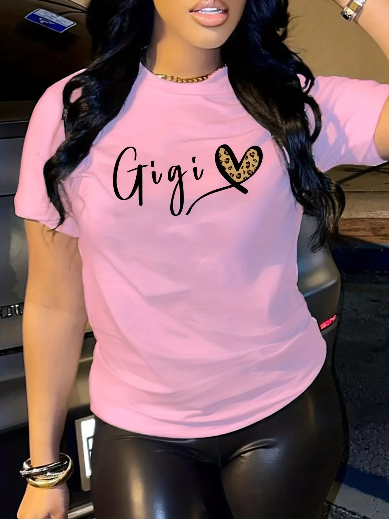 

2024 Gigi Letter Heart Print T-Shirt, Crew Neck Short Sleeve T-Shirt, Casual Every Day Tops, Women's Clothing 100% Cotton