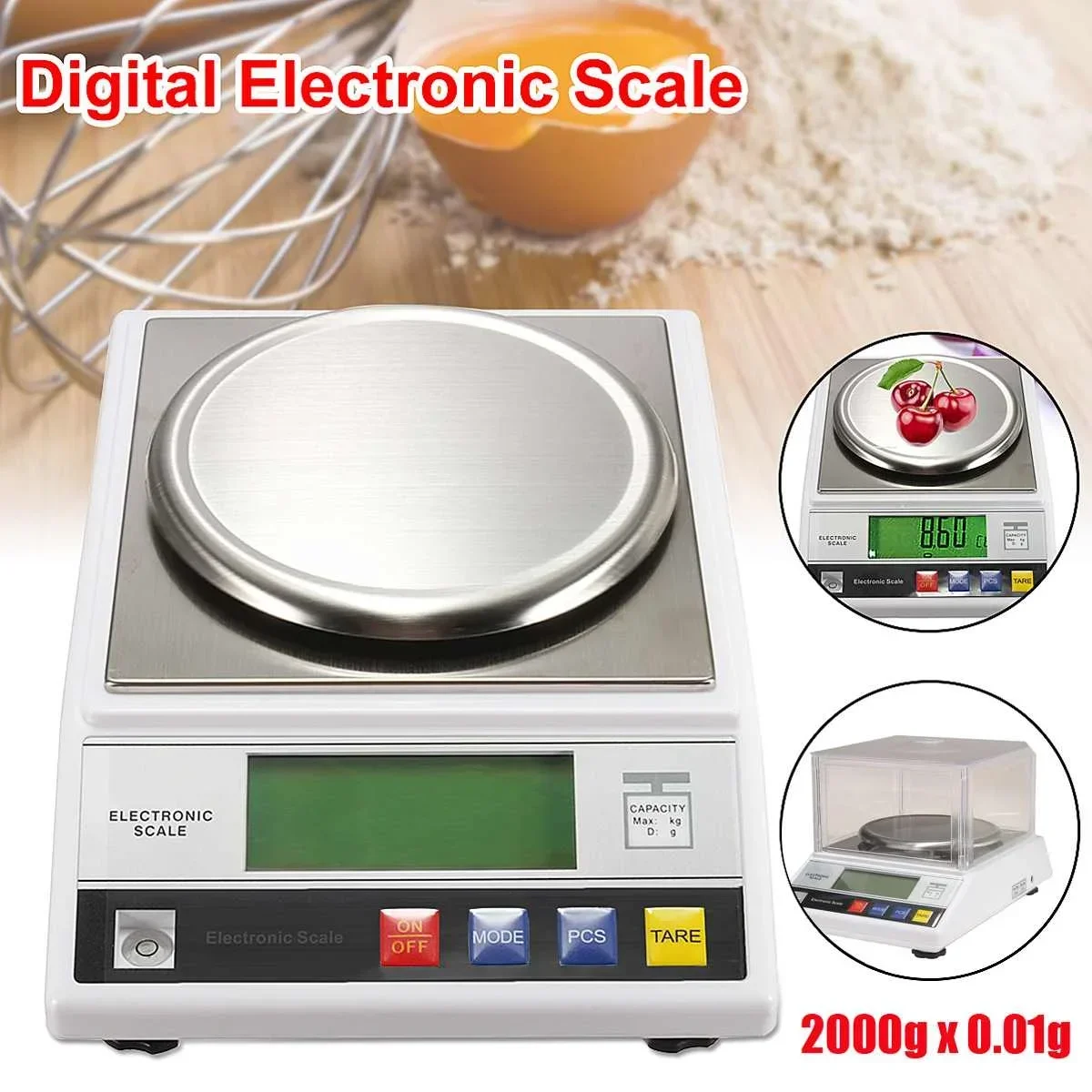 

2000g/0.01g Electronic Digital Scale Backlight LCD Display LB Gram Food Kitchen Weight Balance Tray High Accuracy Precision 2kg