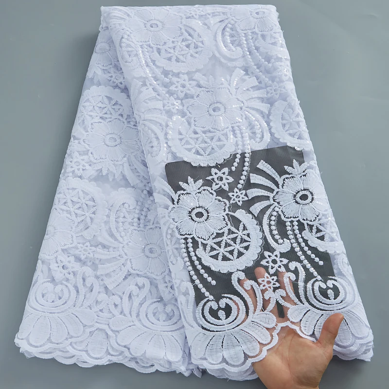 

White African Lace Fabric Soft Milk Silk Embroidery French Mesh Lace Fabric With Sequins Lace Fabric For Women Wedding 2833A