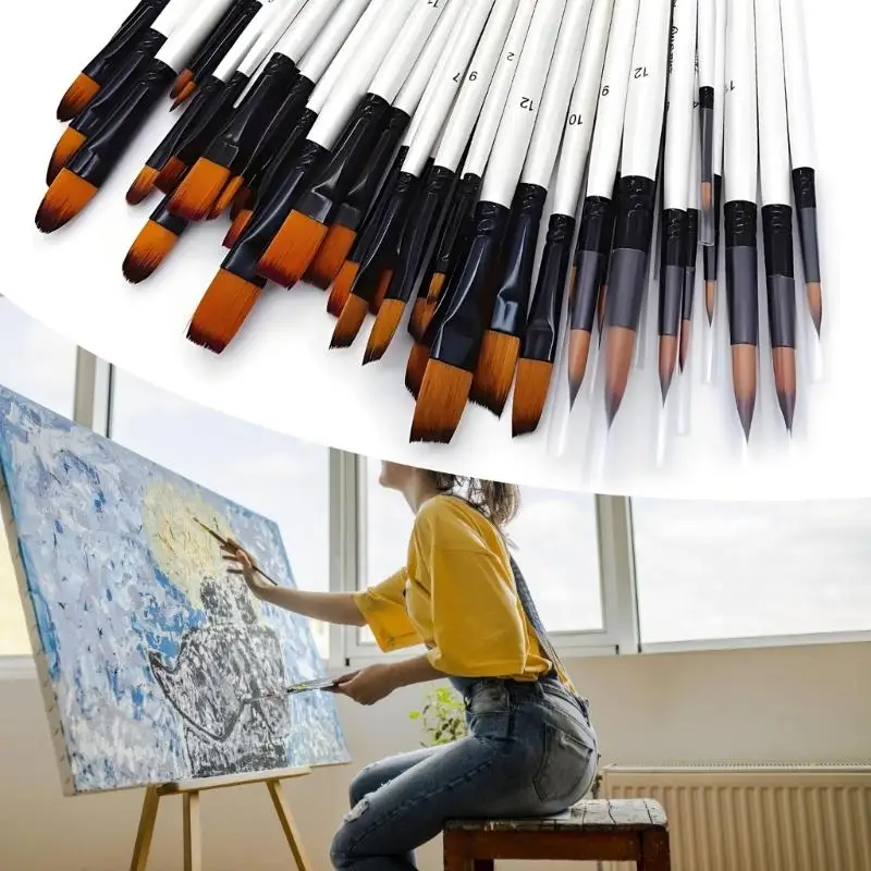 48Pcs 나무 손잡이 그림 브러시 예술가 초보자를위한 부드러운 나일론 Bristles 페인트 브러시 오일 수채화 아크릴 그림 D2RC