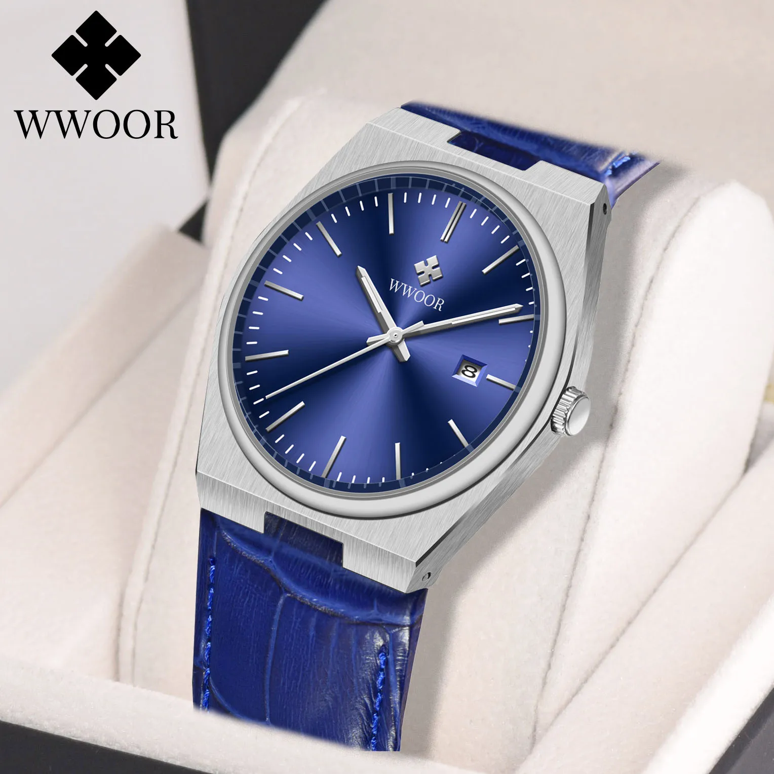 WWOOR New Fashion Watch For Men Quartz Clock Luxury Business Sapphire Glass Leather 10ATM Luminous Male Wristwatch Montre Homme