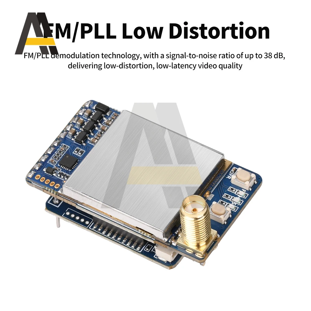 Détail des ports d'entrée du récepteur 7.2 GHz 64CH, avec câbles d'alimentation et vidéo.