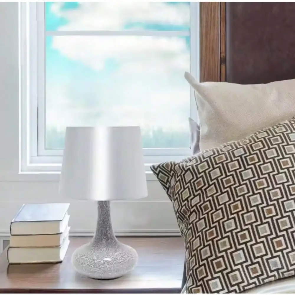 14.17 in. Mosaic Tiled Glass Genie Table Lamp with Satin Look Fabric Shade for Night Stands, Living Room, Office