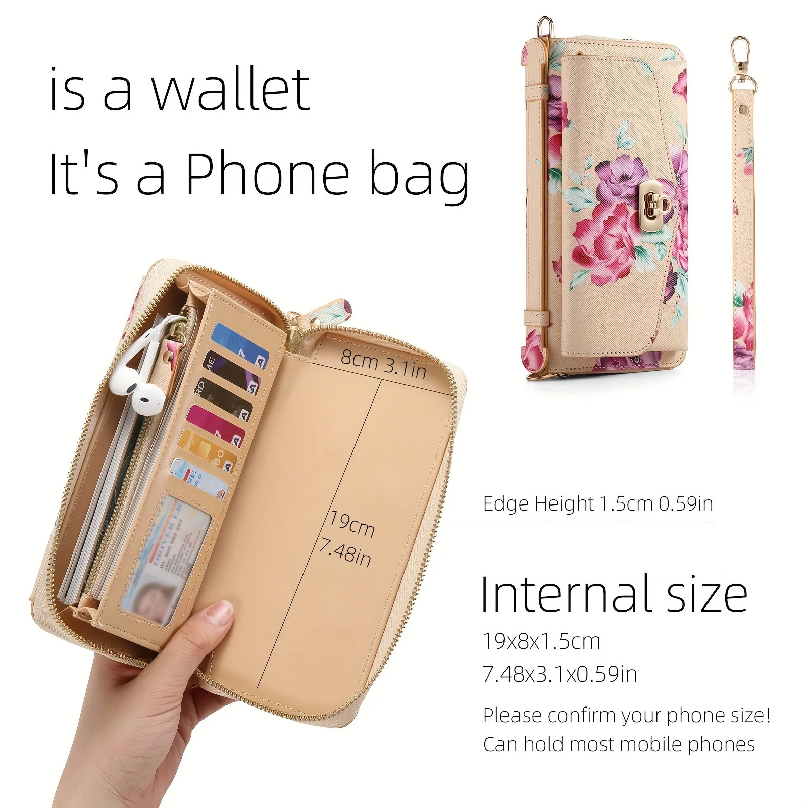 Flower Mobile Phone Bag With Lanyard Strap, PU Leather Zipper Handbag, RFID Blocking Card Holder, Casual Clutch Bag