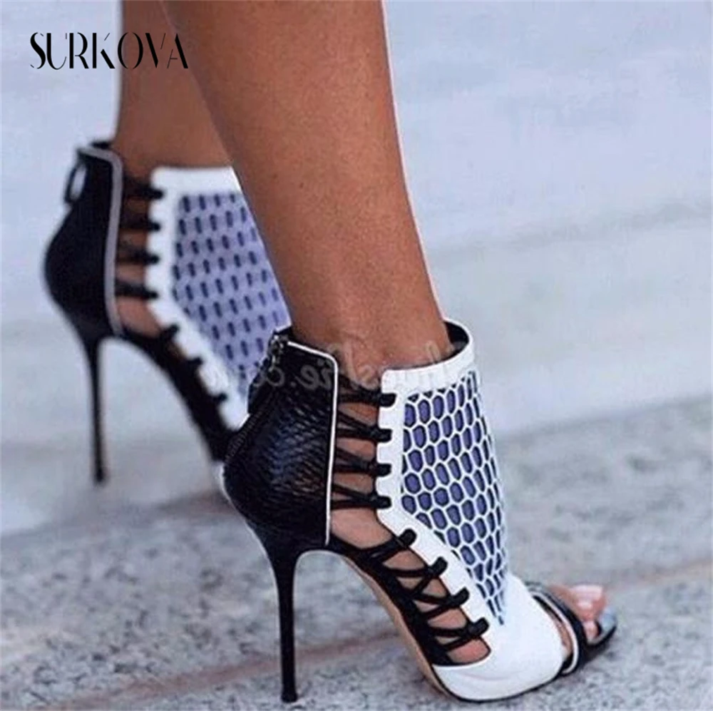 

Extravagant Roman Style Peep Toe High Heel Sandals Strappy Mesh Snakeskin Thin Heel Sandals Open Toe Sandals Summer Women Shoes