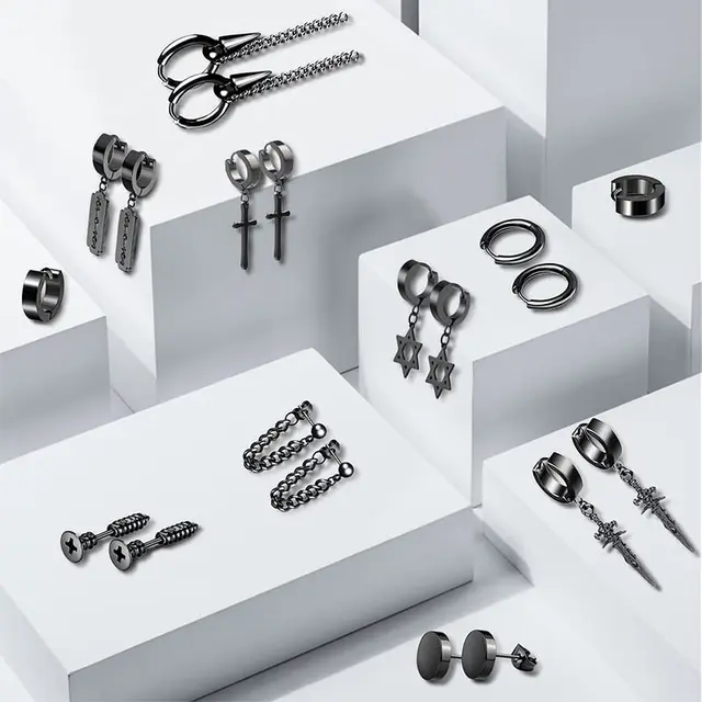 엣지 있고 대담한 스타일을 위한 블랙 스테인레스 스틸 후프 귀걸이