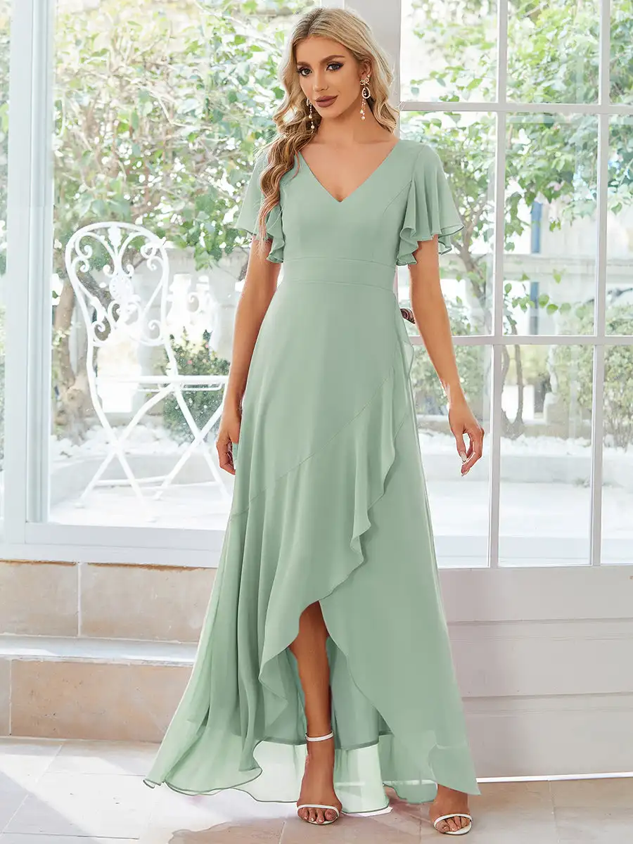 Ever azole-robe de demoiselle d'honneur vert menthe, élégante, col en V, volants hauts et bas, longueur au sol, en mousseline de soie, 2023