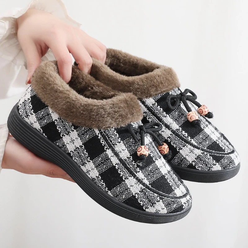 Women's Shoes Round Toe Casual Flat Shoes Slip on Casual Shoes Winter Plush and Thickened Vintage Cotton Shoes Snow Boots