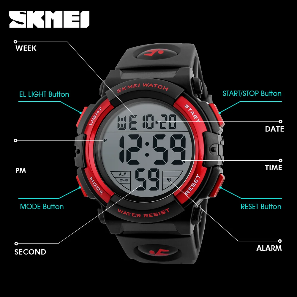 SKMEI 1258  Relogio Masculino Fashion Outdoor Sport Watch Men Multifunction Watches Military 5Bar Waterproof Digital Watch 5
