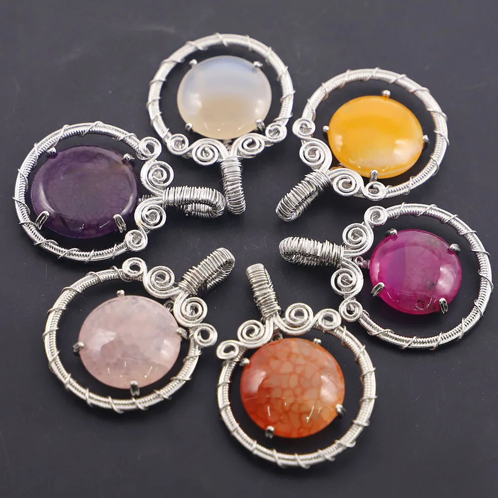 High Quality Natural Stone Winding Pendant Round Necklace Mineral Healing Reiki Charm Fashion Jewelry Accessories Wholesale 4Pcs