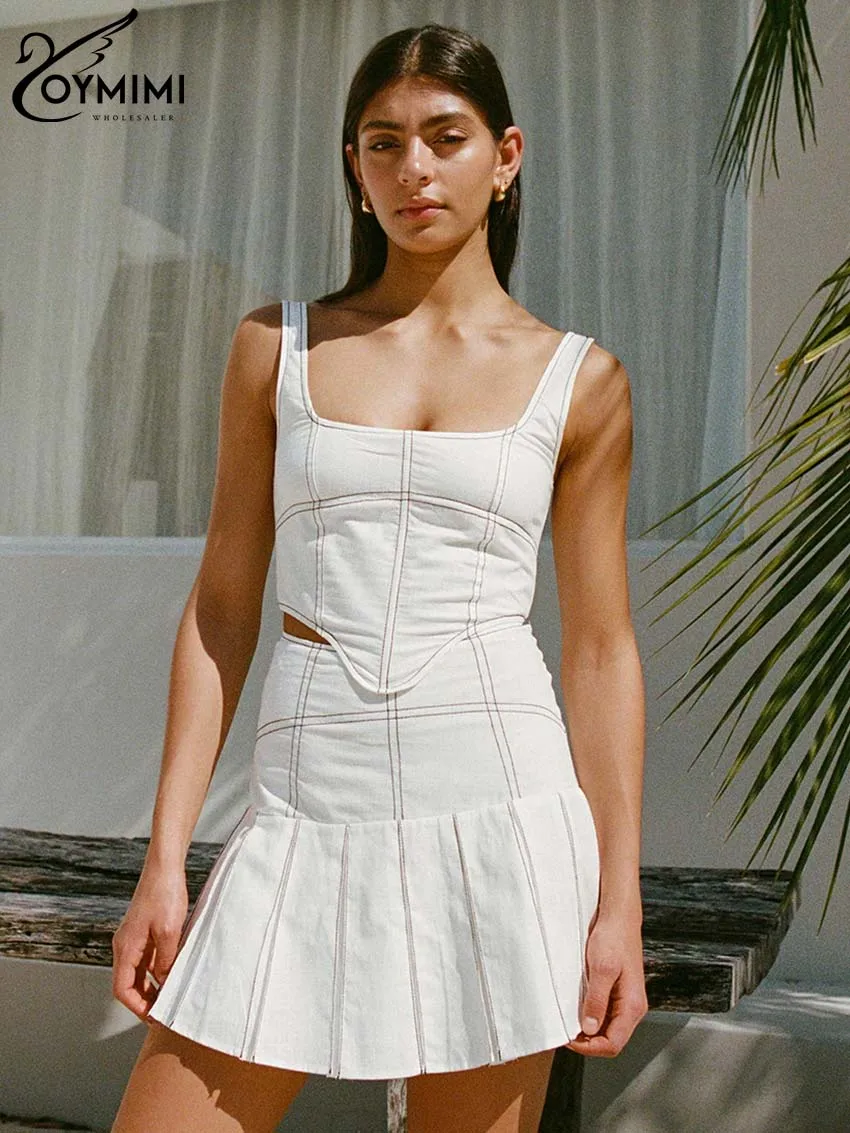 

Oymimi Fashion White Pu Leather Sets Womens 2 Piece Elegant Spaghetti Strap Crop Tank Tops And High Waisted Pleated Skirts Sets