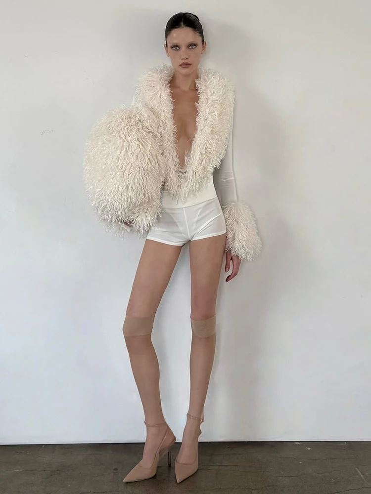 Nibber Fashion Furry Patchwork 2 Piece Set Women Sexy Deep V-Neck Full Sleeve Top+Bike Short Midnight Elegant Activity Suits