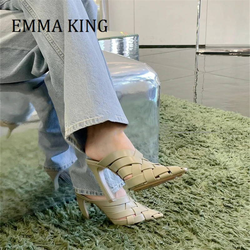 

Spring Women Weaving Leather Mules 10cm Stiletto Heels Fashion Slippers Female Fashion Runway Style Slip On Slides Shoes Woman