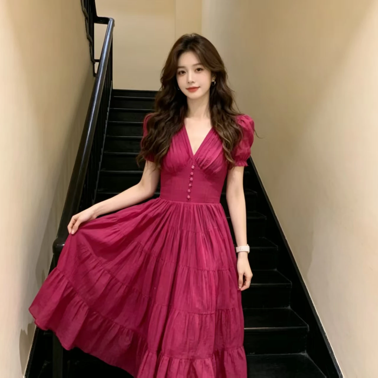 여행 해변 휴가 스타일 아름다운 미니 드레스 핑크 맥시 스커트 여성 여름 하이웨이스트 한국 스타일 반팔 V넥