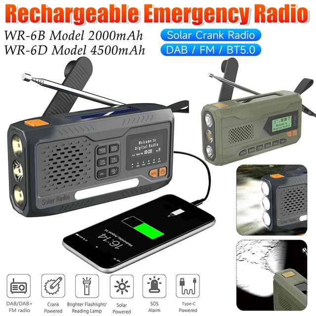 WR-6B WR-6D Emergency Radio 4 Ways Powered Solar Hand Crank Radio DAB/FM/BT5.0 Receiver 2000mAh/4500mAh Survival Portable Radios