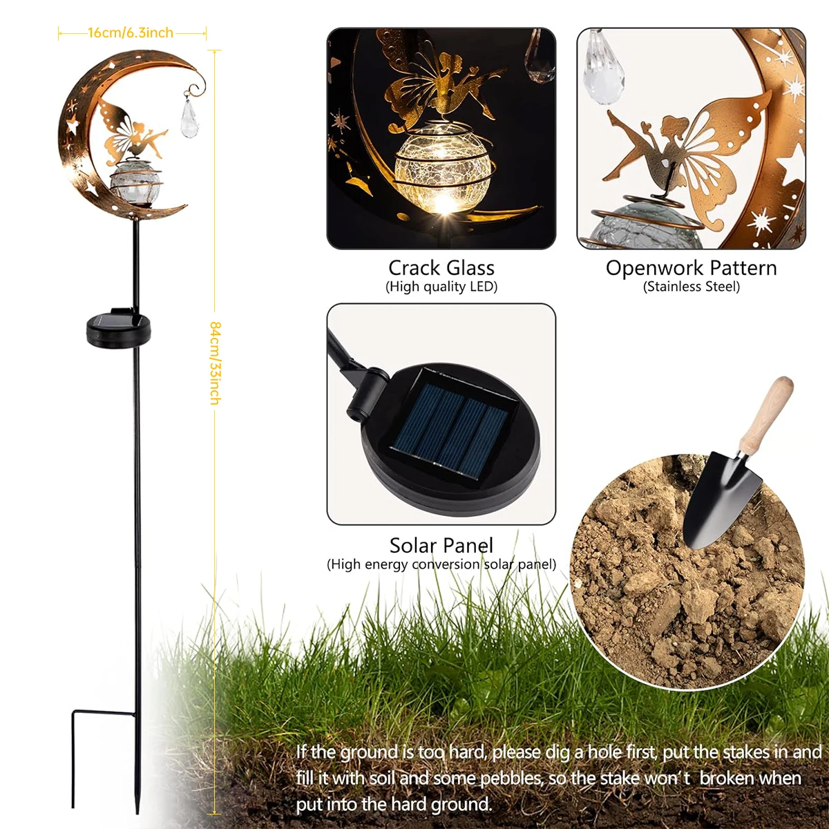 Solar Decoration Light Moon Fairy Lamp Outdoor Garden Crackle Glass Globe with Angel Pathway Stake Light Solar Grdound