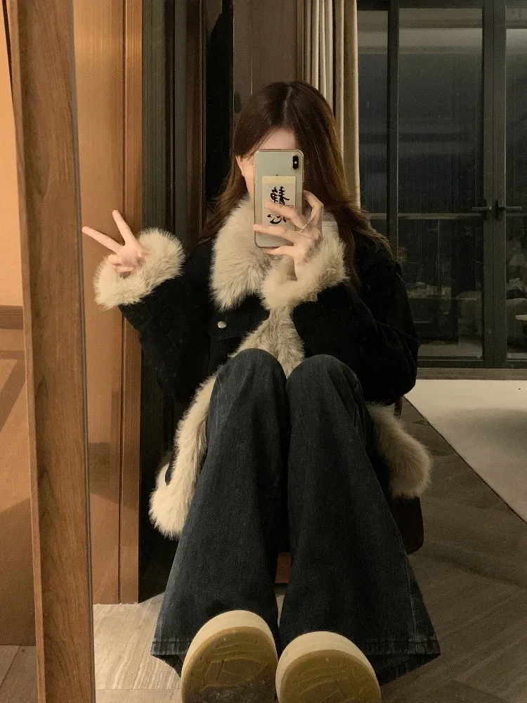 Denim Jacket Women's Black Stitching Lamb Plush Thickened Warm Short Loose Casual Fashion Autumn Winter High-Grade Cotton-Padded