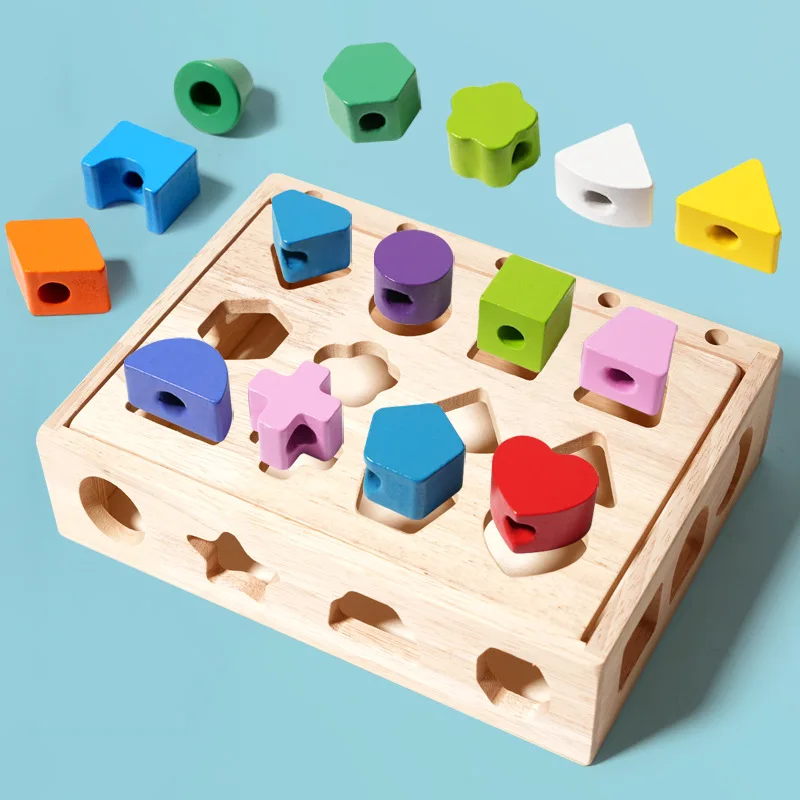 Kids Montessori Wooden Toys Baby Colorful Shape Matching Sleeve Column Beaded Games Cognition Early Education Toys for Children 4
