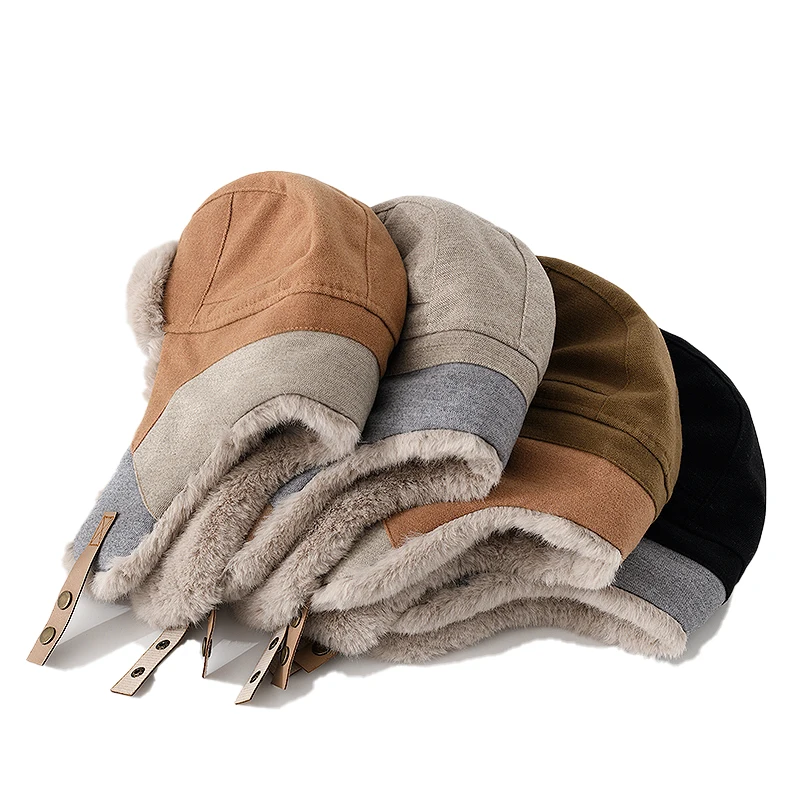Russian Hat For Men Earflap Pilot Hat Winter Korean Splicing Faux Rabbit Ushak Bomber Trapper Thickened Warm Cap Women's Ski Cap winter hat earflap hat faux fur hat