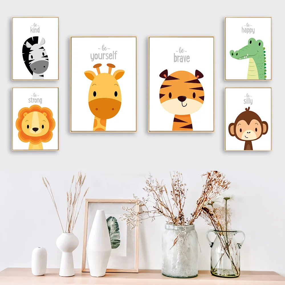 

Baby Lion Zebra Giraffe Monkey Be Yourself Poster Cartoon Nursery Canvas Prints Wall Picture for Kid's Room Decor Painting